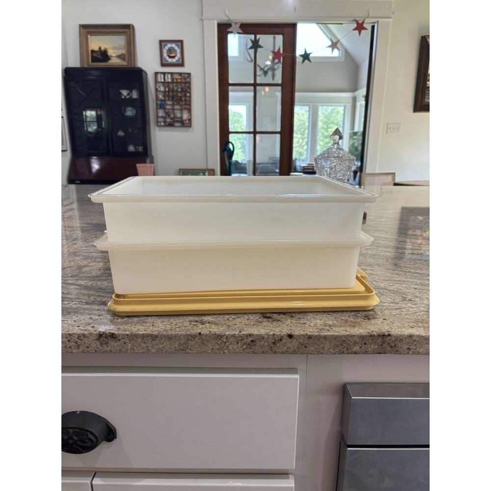 Vintage Tupperware Cake Keeper Harvest Gold Base 2 Covers 14.5” x 10.5” - Picture 9 of 11